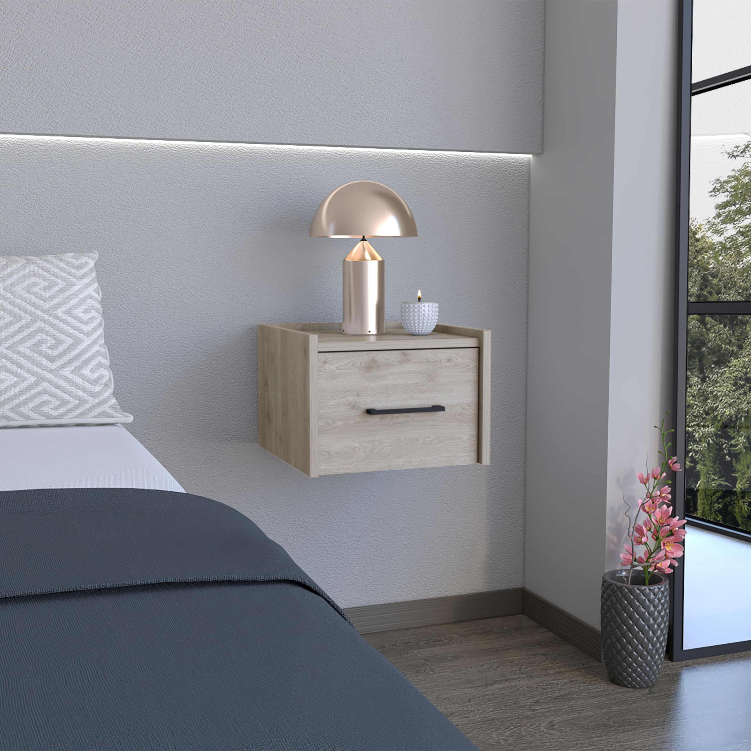 Depot E-Shop Yorktown Floating Nightstand, Space-Saving Design With Handy Drawer And Surface, Light Gray